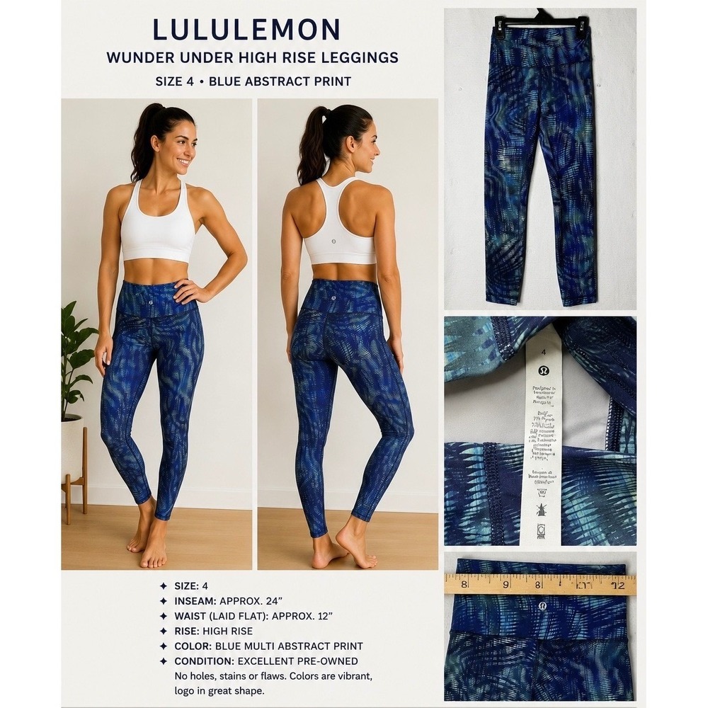 Lululemon High Rise Leggings Sz 4 Blue Green Abstract Print Yoga Pants 24 Inseam